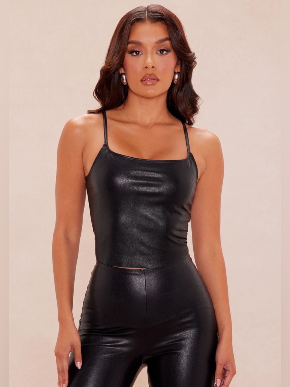 NOVA LUXE Ravenna Spaghetti Strap Faux Leather Top - Black